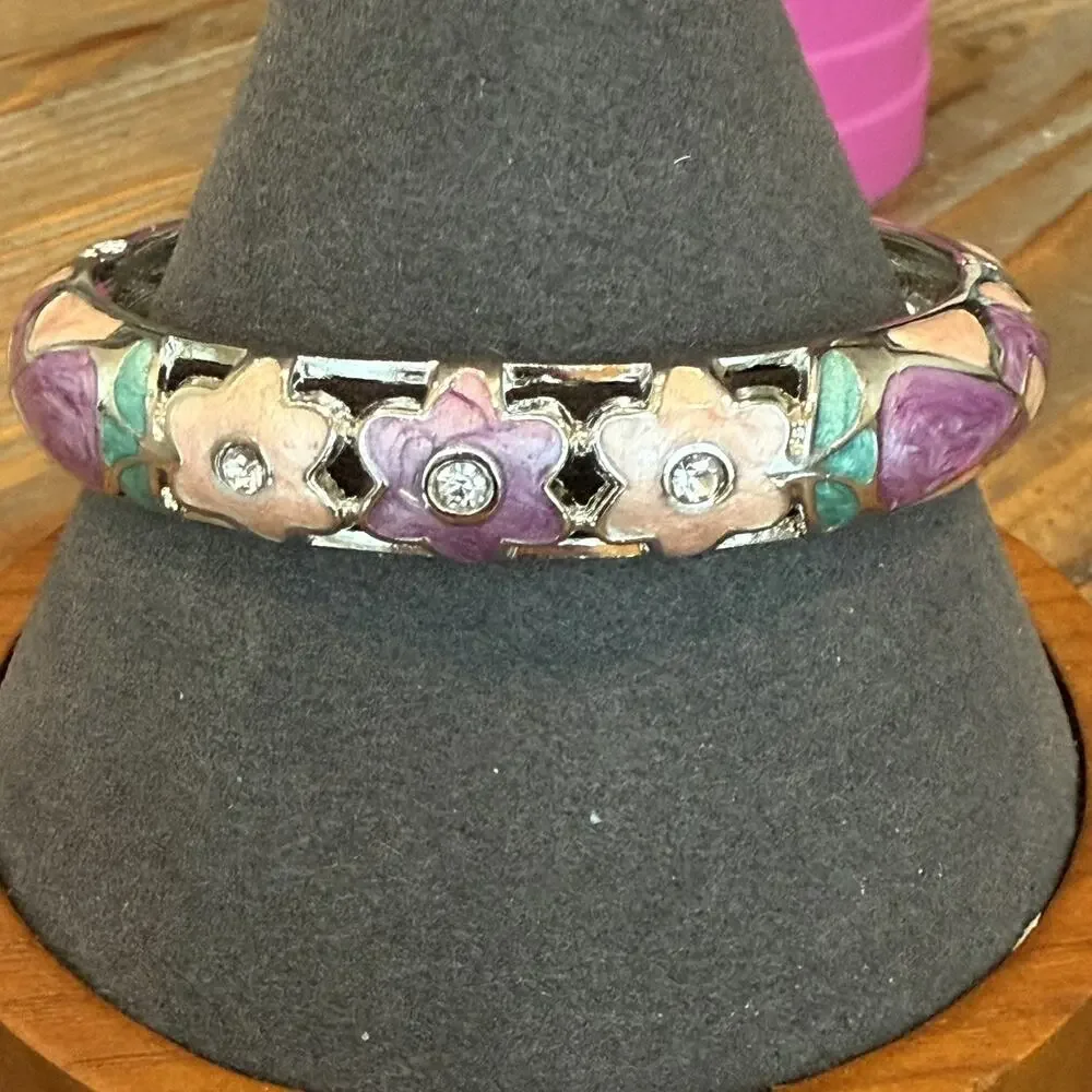 MultiColor Floral Enamel Bangle Bracelet Pearl Pink Purple